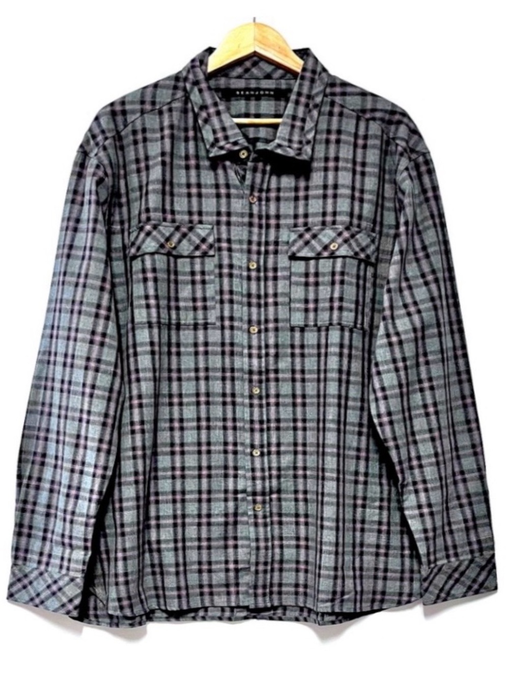 Sean John Mens Plaid Button Down Shirt Grey Size 4XL Academic Preppy Cotton